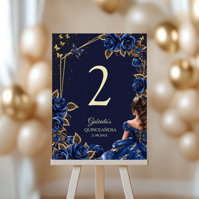 Tarjeta De Mesa Navy Blue Golden Tiara Roses  Quinceañera  (Subido por el creador)