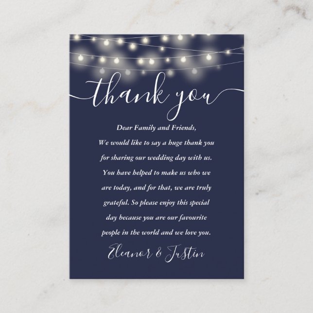 Tarjeta De Mesa Navy Blue String Lights Boda Gracias Por Colgar (Anverso)