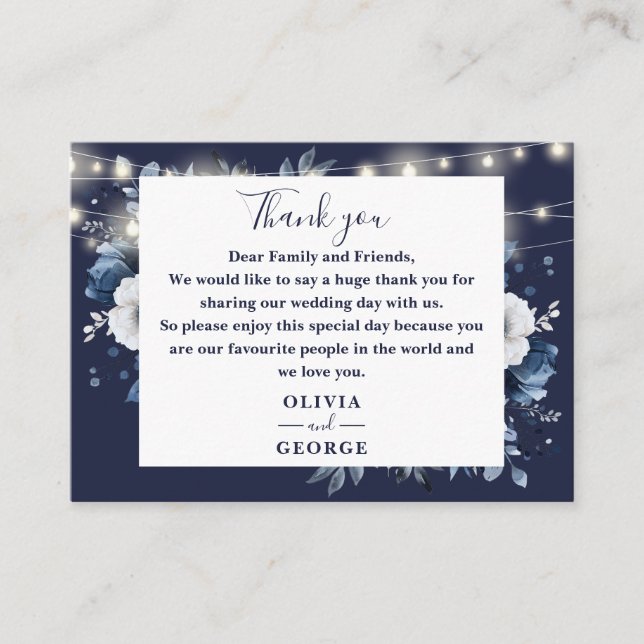 Tarjeta De Mesa Navy Blue String Lights Floral Boda Gracias (Anverso)