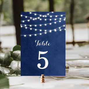 Tarjeta De Mesa Navy Blue String Luces Boda Números de tabla