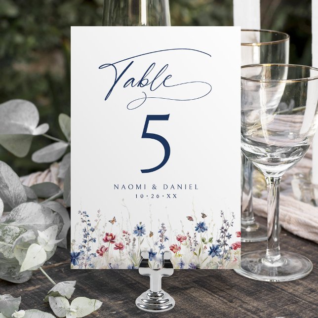 Tarjeta De Mesa Navy Blue Watercolor Wildflower Rustic Wedding (Navy Blue Watercolor Wildflower Rustic Wedding Table Number)