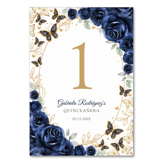 Tarjeta De Mesa Navy Gold Floral Quinceanera (Anverso)