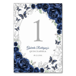 Tarjeta De Mesa Navy Silver Floral Quinceanera