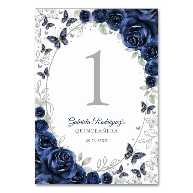 Tarjeta De Mesa Navy Silver Floral Quinceanera (Anverso)