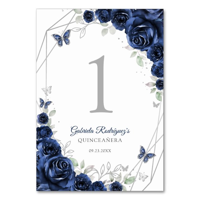 Tarjeta De Mesa Navy Silver Floral Quinceanera (Anverso)