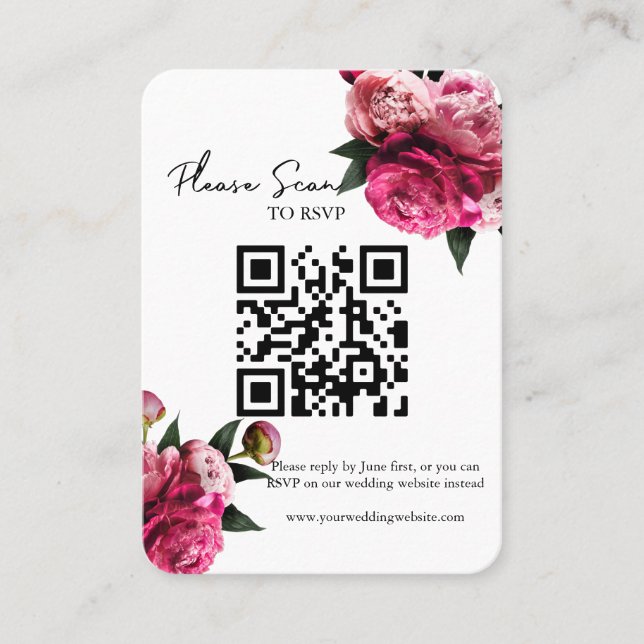 Tarjeta De Mesa Negrita Floral Rojo Código QR Boda RSVP (Anverso)