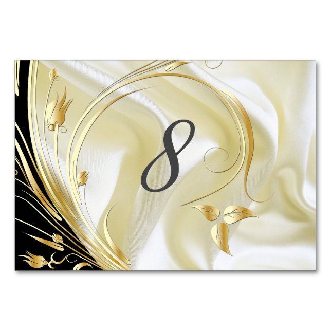 Tarjeta De Mesa Negro con oro en seda de champagne (Anverso)