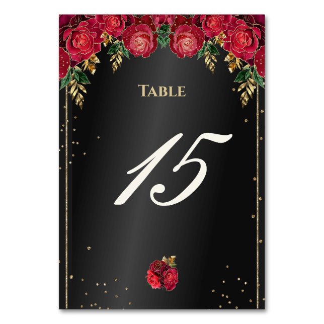 Tarjeta De Mesa Negro con rosas rojas Quinceañera (Anverso)