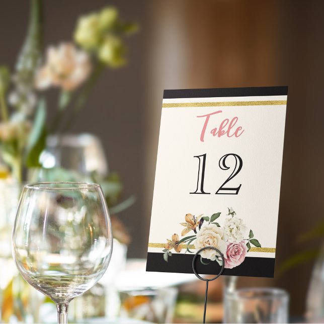 Tarjeta De Mesa Negro, marfil, dorado Floral Bridal Shower (Black, gold, ivory floral wedding table number card. )