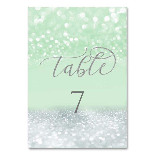 Tarjeta De Mesa Neo menta plateado chic gliter trendy caligrafía (Anverso)