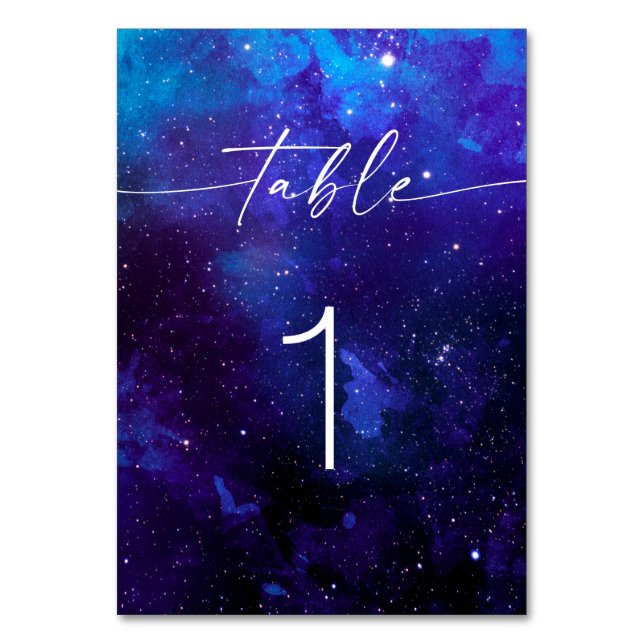 Tarjeta De Mesa Night Sky Romantic Galaxy Wedding | Modern Script (Anverso)