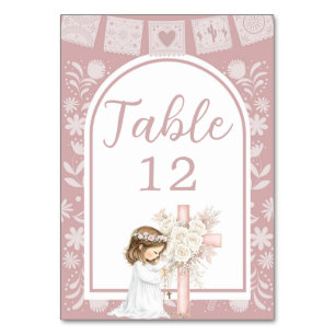 Tarjeta De Mesa Niña Rosa Arrodillada Primera Comunion