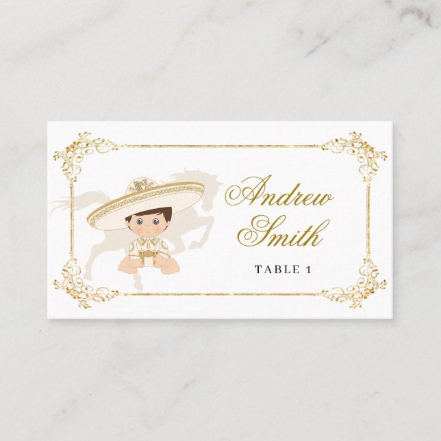 Tarjeta De Mesa Niño mexicano de oro blanco bautizo primer cumplea (Anverso)