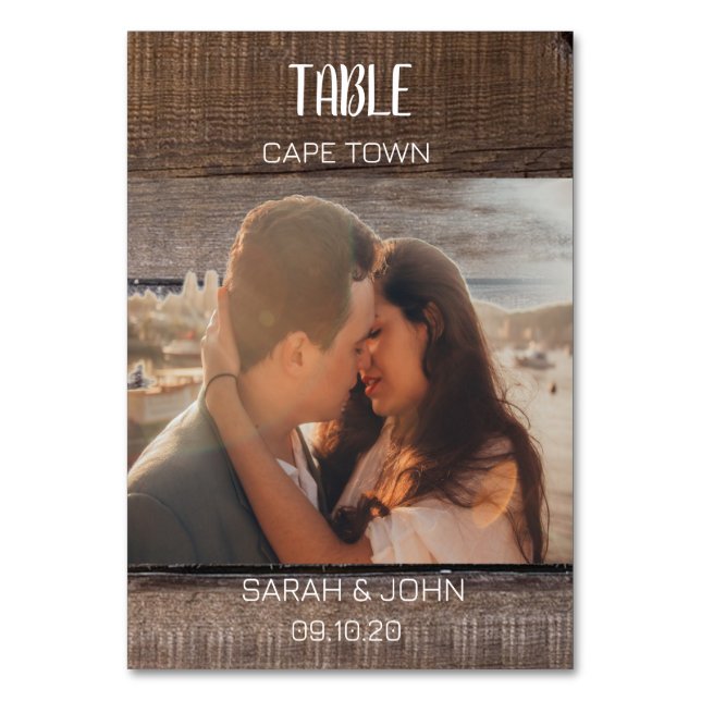 Tarjeta De Mesa Nombre de foto de destino de viaje de boda rústica (Anverso)