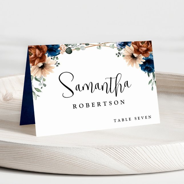 Tarjeta De Mesa Nombre de invitado geométrico de Terracotta Navy B (Terracotta Navy blue floral geometric guest name wedding place card.)