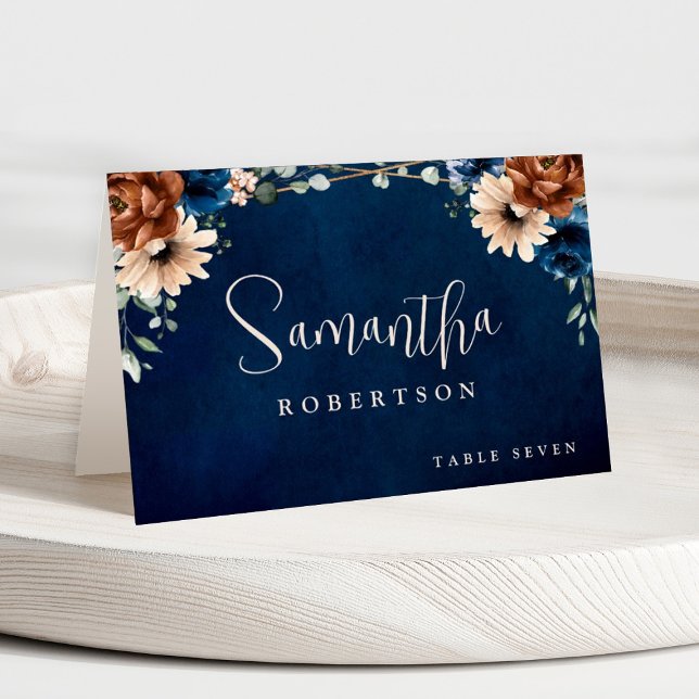 Tarjeta De Mesa Nombre de invitado geométrico de Terracotta Navy B (Terracotta Navy blue guest name wedding place card)