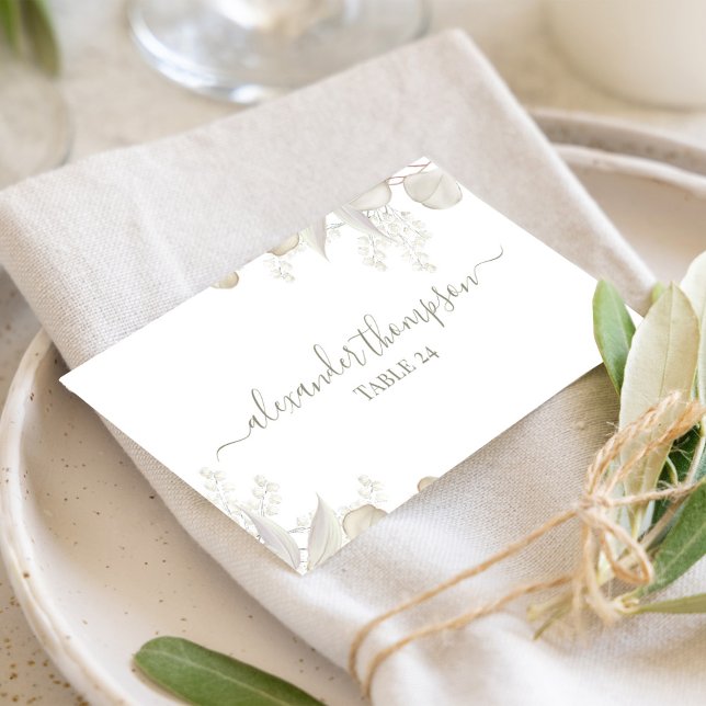 Tarjeta De Mesa Nombre de la vegetación del Boda verde sabio (Sage green foliage calligraphy script table number card.)