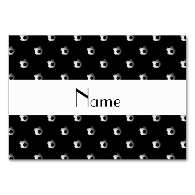 Tarjeta De Mesa Nombre personalizado bolas de fútbol negro (Anverso)