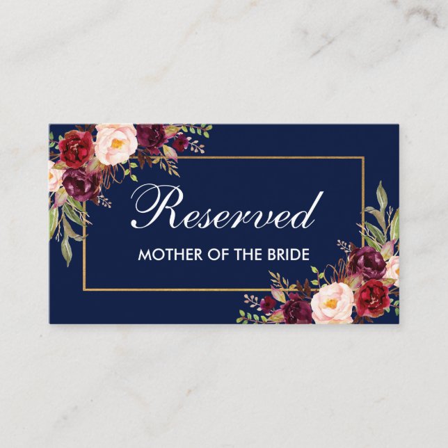 Tarjeta De Mesa Nombre reservado del Boda Floral Burgundy Blue Gol (Anverso)