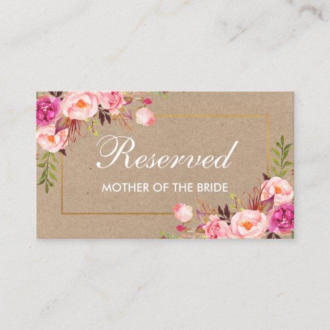 Tarjeta De Mesa Nombre reservado del Boda Kraft Pink Floral Gold (Anverso)