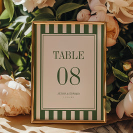 Tarjeta De Mesa Nombres de boda elegantes modernos rayados en verd