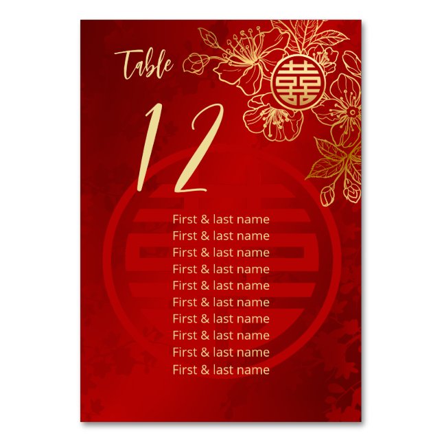 Tarjeta De Mesa Nombres de invitados de Bodas chinos florales (Anverso)