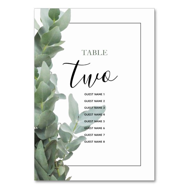 Tarjeta De Mesa Nombres de invitados de eucalipto de plata (Anverso)