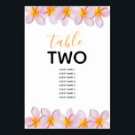Tarjeta De Mesa Nombres de invitados del Plumeria Rosa Frangipani<br><div class="desc">Este diseño presenta flores rosadas frangipani/plumeria. Un diseño tropical enmarcado con flores rosadas frangipani. Estas populares flores tropicales de Hawái son ideales para una elegante boda playera de destino. Diseño de números de tabla boda tropical con elementos modernos. También hay disponibles invitaciones de boda coincidentes y otros artículos de papelería....</div>