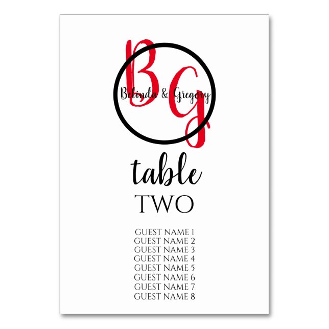 Tarjeta De Mesa Nombres simples de invitados Bodas de Iniciales Pe (Anverso)