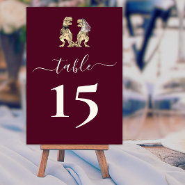 Tarjeta De Mesa Novia y Novio Dinosaurio Boda Borgoña y Crema
