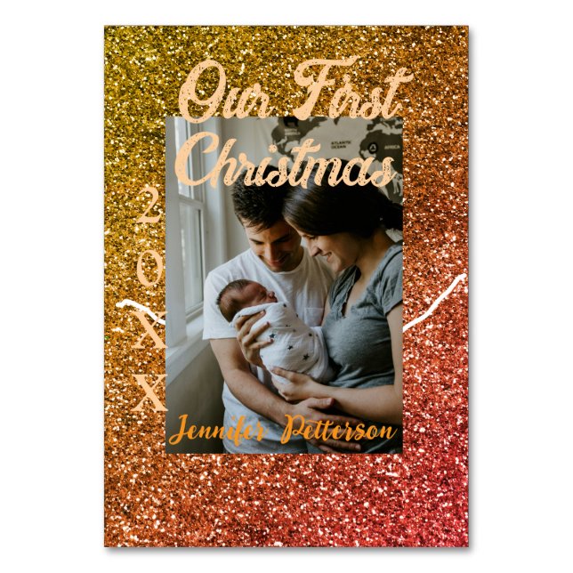 Tarjeta De Mesa Nuestro primer año de foto purpurina rojo naranja  (Anverso)