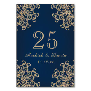 Tarjeta De Mesa Número de Boda de estilo indio azul y dorado de la