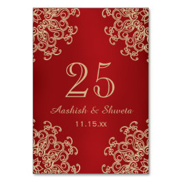 Tarjeta De Mesa Número de Boda de estilo indio rojo y dorado