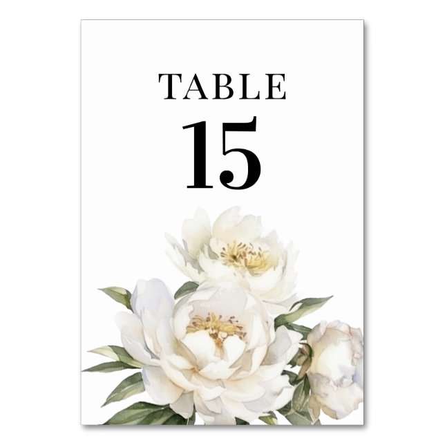 Tarjeta De Mesa Número de la mesa de flores de Peony Blanco (Anverso)