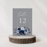Tarjeta De Mesa Número de la mesa floral azul y naval - Gris 2<br><div class="desc">Vestir las mesas de su boda o fiesta con su tarjeta de número de tabla de color azul y marrón floral. Hecha a mano, en acuarela, flores azules polvorientas y flores azul marino. Ideal para bodas rústicos, bodas en otoño, bodas de invierno, bodas en la playa y bodas de temática...</div>