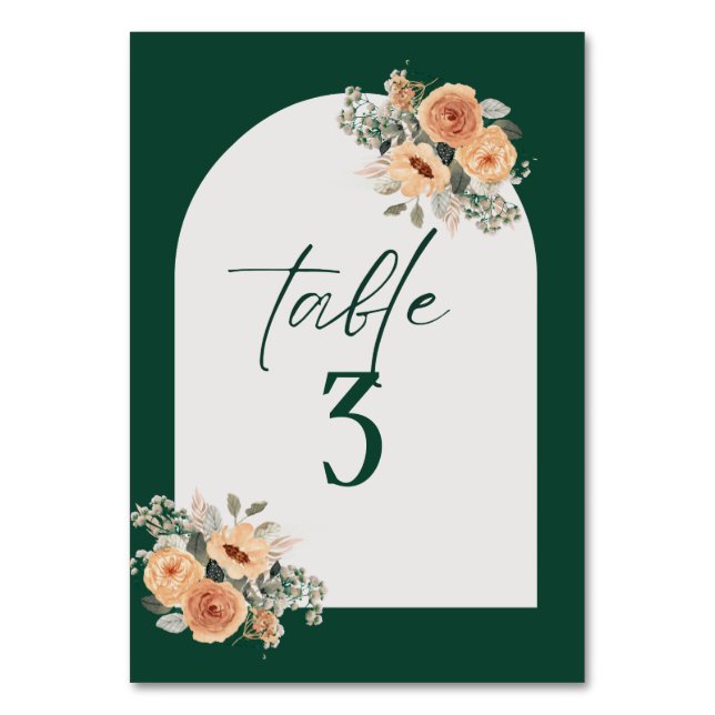 Tarjeta De Mesa Número de mesa, floral verde oscuro elegante (Anverso)