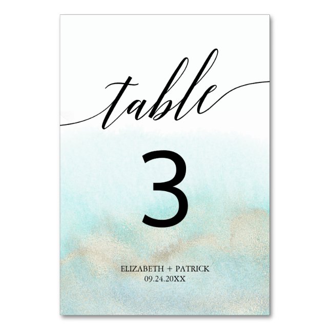 Tarjeta De Mesa Número de tabla acuática y acuarela dorada (Anverso)