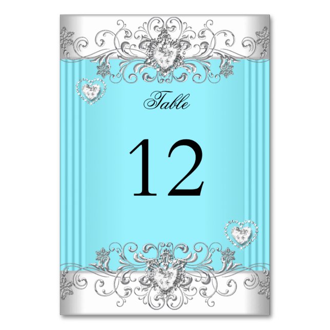 Tarjeta De Mesa Número de tabla Boda azul Verde azulado Plata Diam (Anverso)