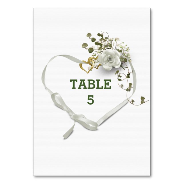 Tarjeta De Mesa Número de tabla boda Corazón de cinta blanca (Anverso)
