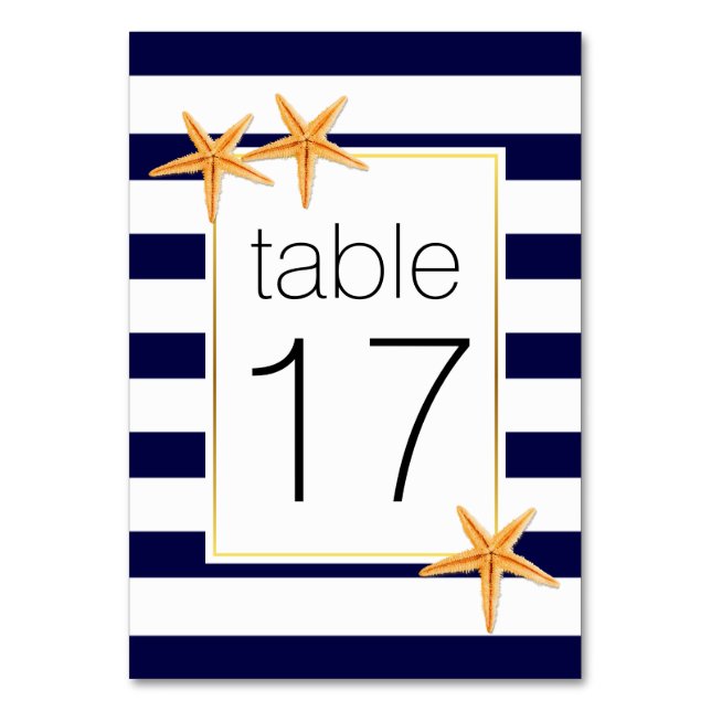 Tarjeta De Mesa Número de tabla boda de rayas azules de la marina  (Anverso)