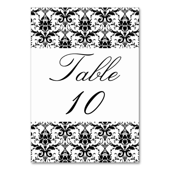 Tarjeta De Mesa Número de tabla boda Elegante Damasco blanco negro (Anverso)