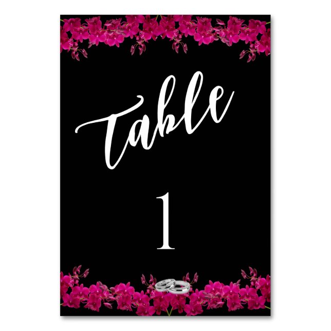 Tarjeta De Mesa Número de tabla boda-orquídeas de Fuchsia en negro (Anverso)