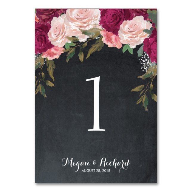Tarjeta De Mesa número de tabla boda pizarra borgoña rosa (Anverso)