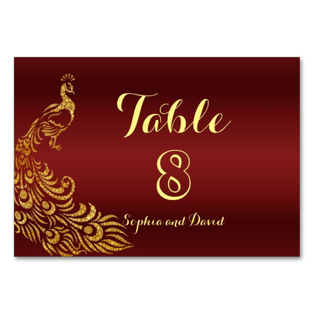 Tarjeta De Mesa NÚMERO DE TABLA Boda Royal Burgundy Gold Peacock (Anverso)