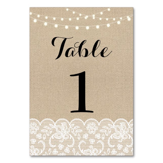 Tarjeta De Mesa Número de tabla Boda Rústica Burlap Luces Lace (Anverso)