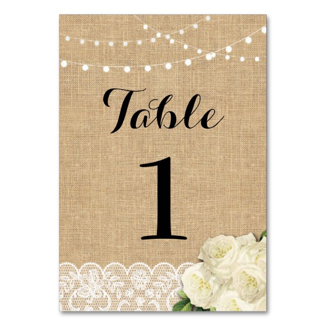Tarjeta De Mesa Número de tabla Boda Rústica Burlap Luces Lace (Anverso)