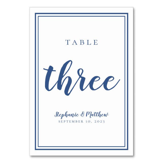 Tarjeta De Mesa Número de tabla boda tres simple azul y blanco (Anverso)