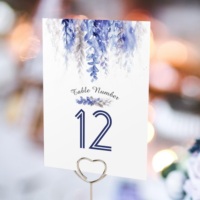 Tarjeta De Mesa Número de tabla de acuarela azul gris de hojas en  (Subido por el creador)