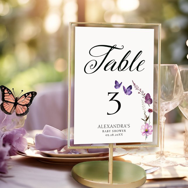Tarjeta De Mesa Número de tabla de Baby Shower malva violeta marip (butterflies wildflowers table number baby shower bridal wedding birthday party spring summer garden)