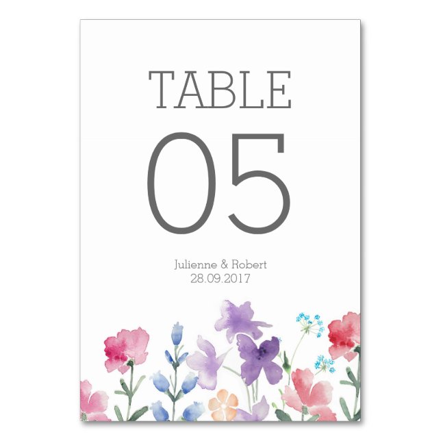 Tarjeta De Mesa Número de tabla de Boda de acuarela floral rústica (Anverso)